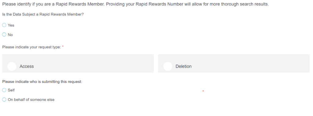 Southwest data privacy form