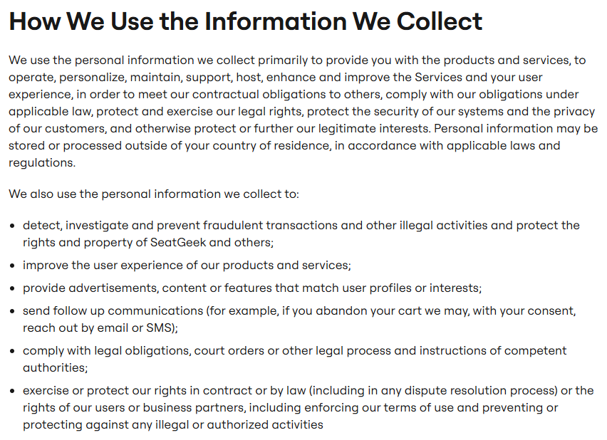 SeatGeek "How We Use the Information We Collect"
