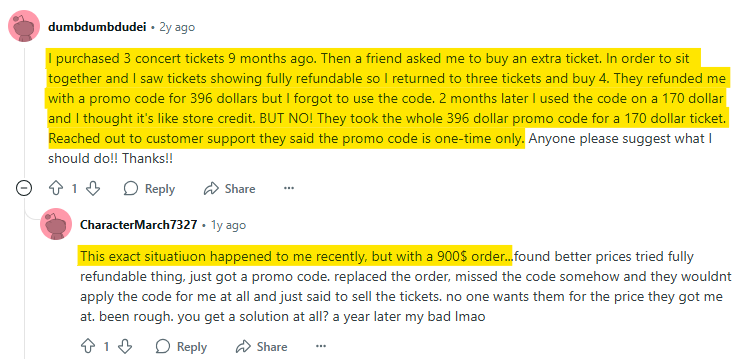 Negative Redditor experience with SeatGeek refund promo code