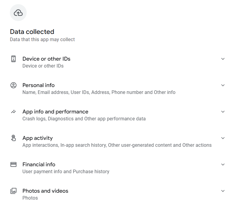 Data collected by Shein according to its Google Play page