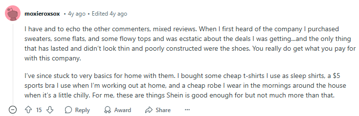 Shein Reddit feedback