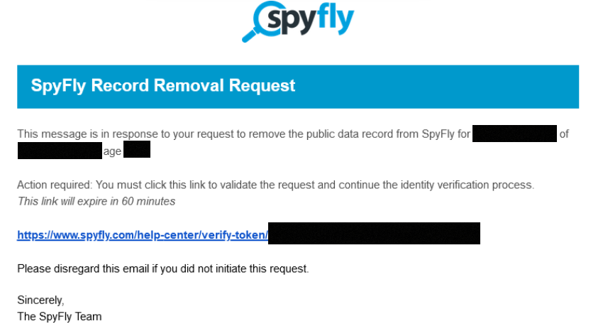 SpyFly email confirmation link 