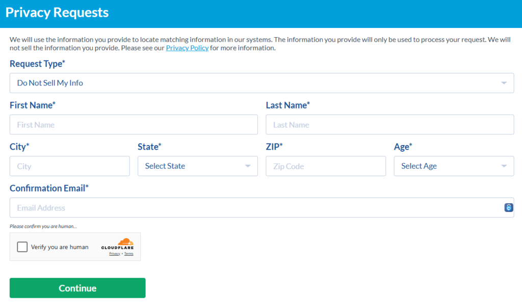 SpyFly privacy request form 
