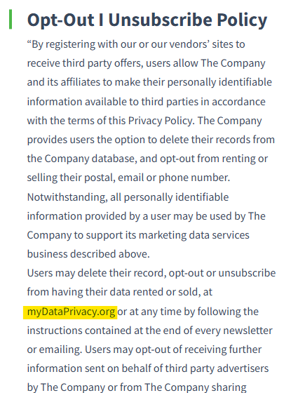 Statlistics 'Opt-Out | Unsubscribe Policy' with link to myDataPrivacy.org.