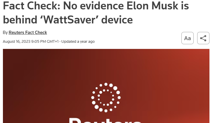 Reuters Fact Check: No evidence Elon Musk is behind 'WattSaver' device