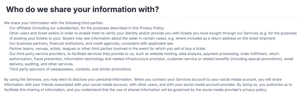 StubHub "Who do we share your information with?"