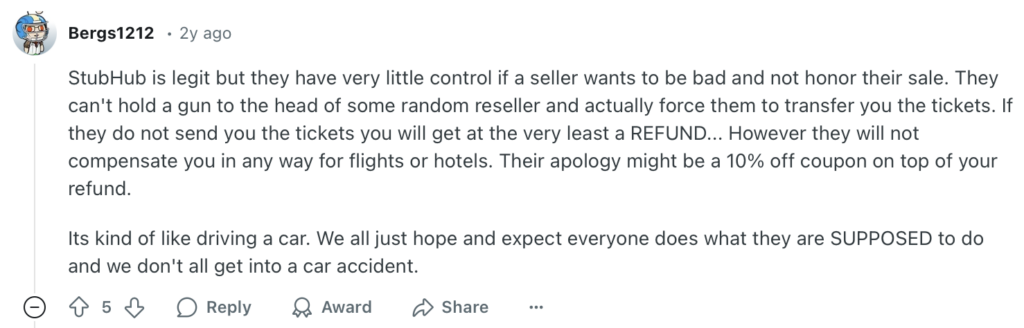 Reddit comment about StubHub