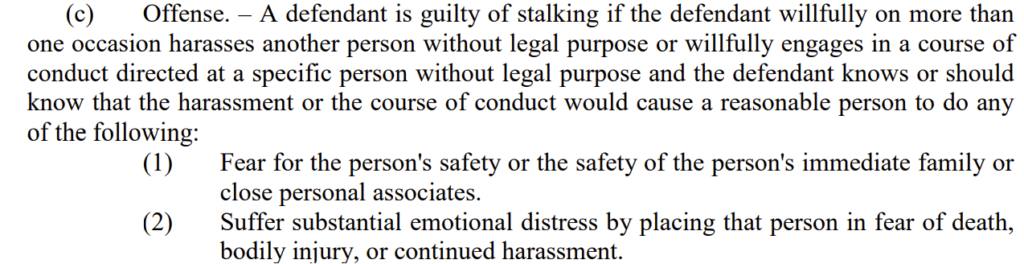 North Carolina General Statute § 14-277.3A - stalking