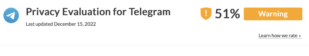 Privacy evaluation for Telegram by the Common Sense Privacy Program ("Warning" rating)