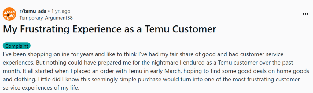 Negative Reddit post about Temu