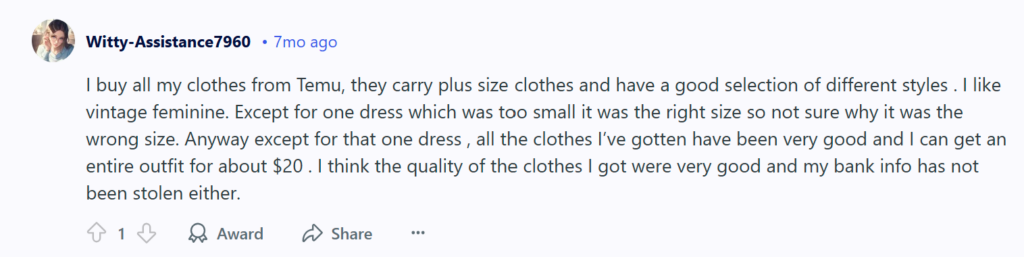 Positive Reddit comment about Temu