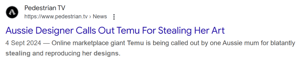 Headline "Aussie Designer Calls Out Temu For Stealing Her Art" 
