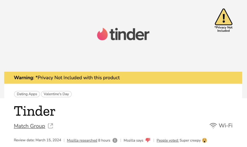 Mozilla Foundation Tinder rating - "*Privacy Not Included with this product"
