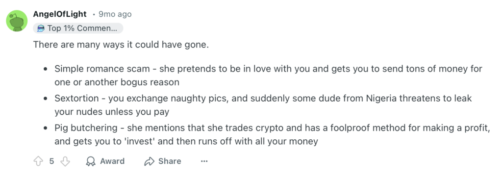 Reddit post about typical scams on Tinder