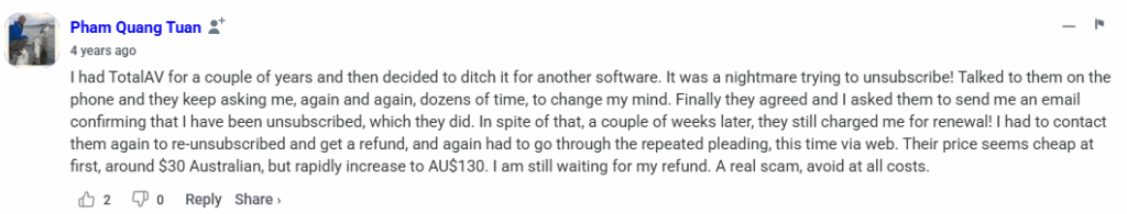 Comment under PCMag TotalAV review about the difficulty of unsubscribing from TotalAV