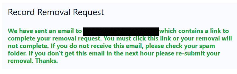 TruePeopleSearch message to check your email inbox