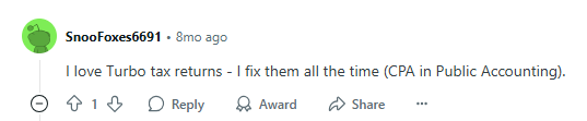Positive Reddit post about TurboTax