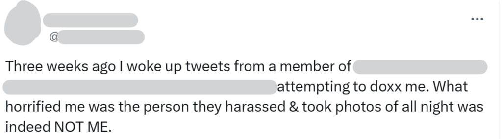 X/Twitter post about someone being mistakenly doxxed