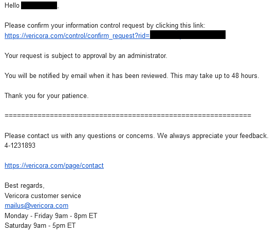 Vericora email confirmation link