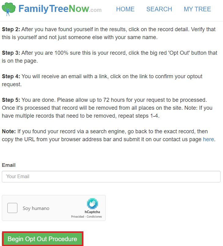 FamilyTreeNow opt out form