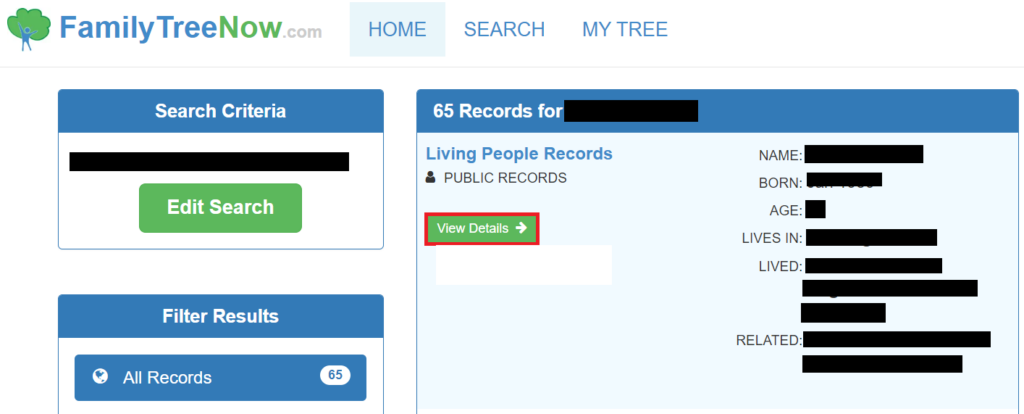 FamilyTreeNow search results