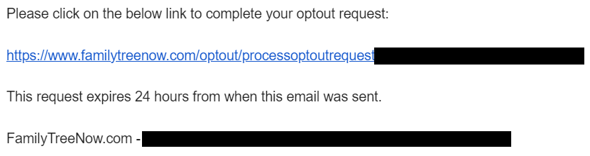 FamilyTreeNow confirmation email