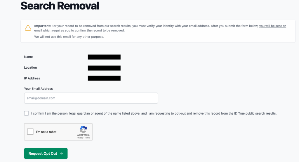 IDTrue search removal for a particular profile