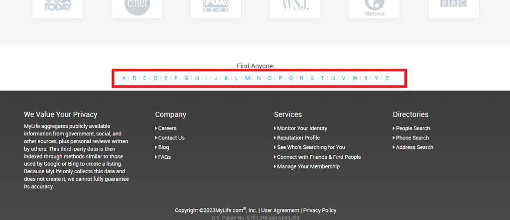 MyLife find anyone alphabetical