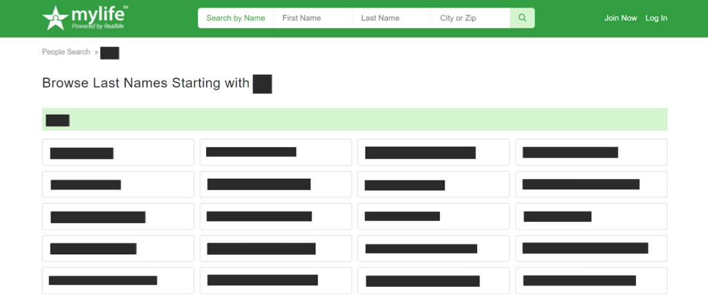 MyLife "browse last names starting with"