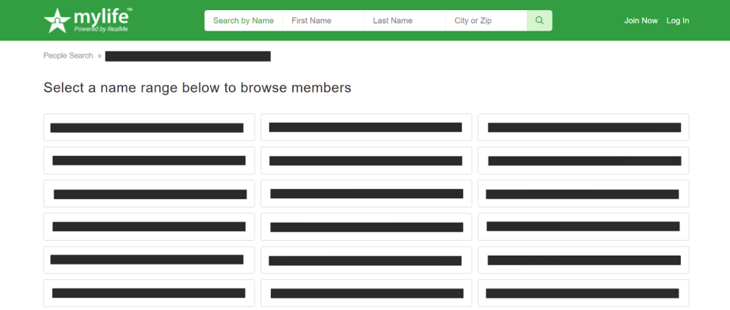 MyLife "select a name range below to browse members"