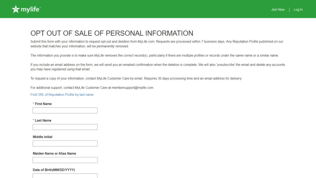 MyLife opt out form