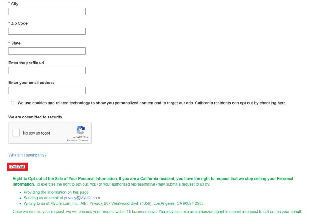 MyLife opt out form second half