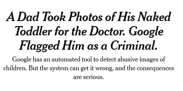 The New York Times headline about a dad's Google account being suspended due to photos of his naked toddler