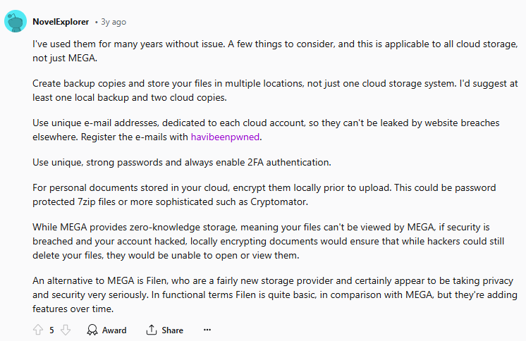 Reddit post on how to use Mega safely