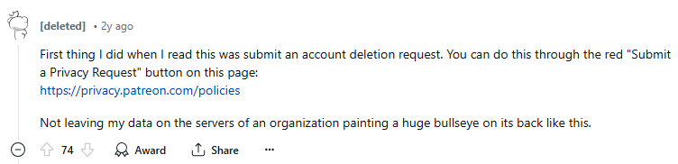 Reddit post about Patreon