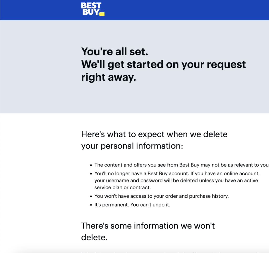 BestBuy notification confirming your request has been completed 