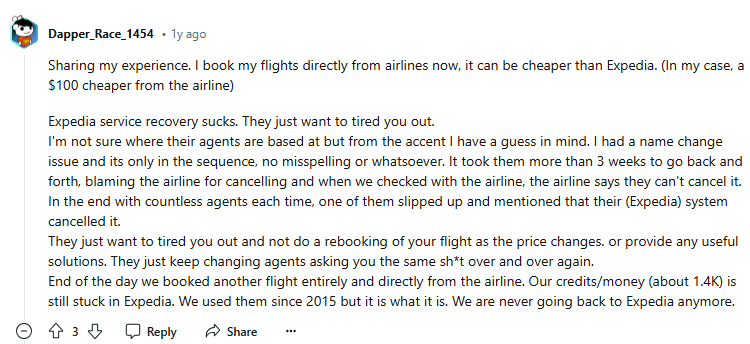 Reddit post about booking flights through Expedia