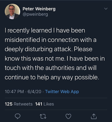 Twitter post about being misidentified