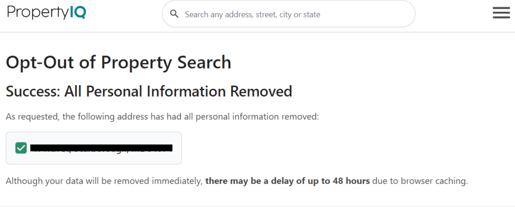 PropertyIQ opt out confirmation