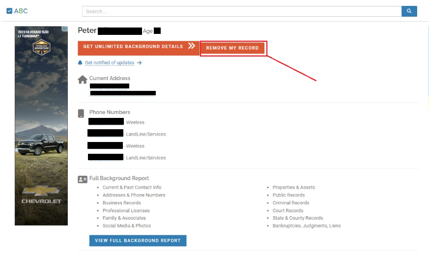 Advanced Background Checks profile and "Remove my record" button 