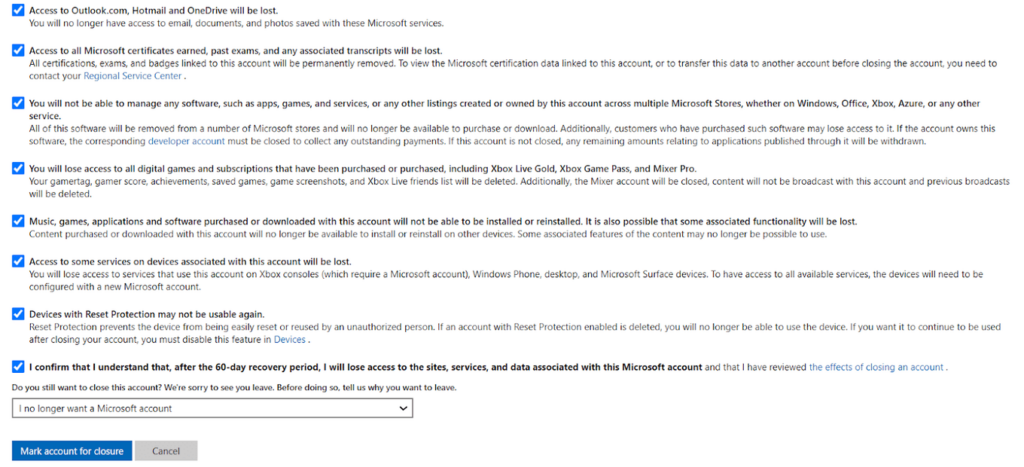 Marking your Microsoft account for closure