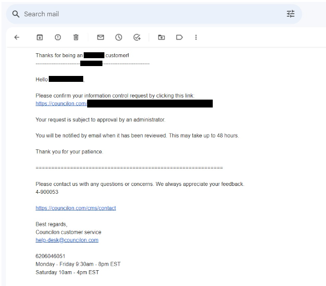 Councilon opt out request email