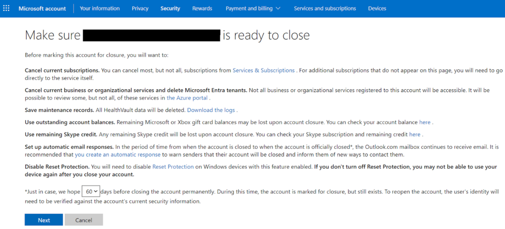 Make sure your Microsoft account is ready to close