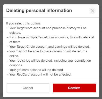 Target deleting personal information pop up