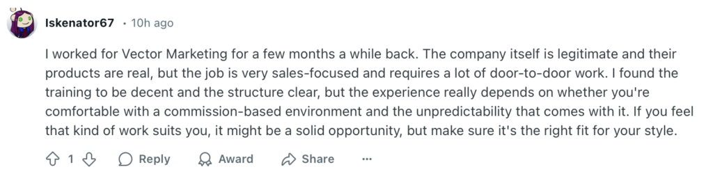 Reddit post about what's it like working for Vector Marketing