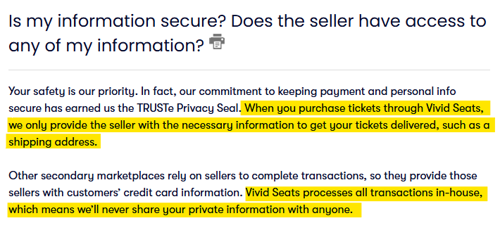 Vivid Seats - "Is my information secure? Does the seller have access to any of my information?" 