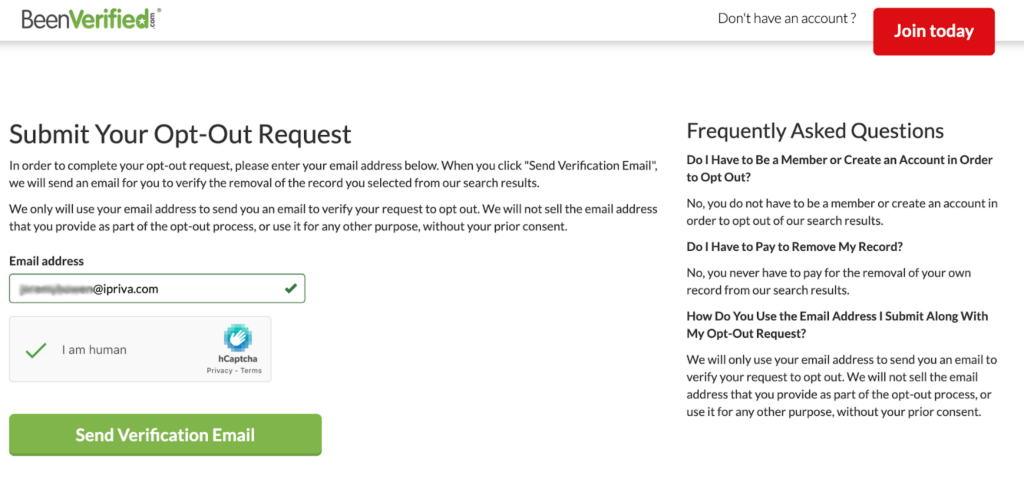 Submitting opt out request form on BeenVerified