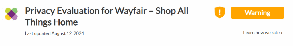 Wayfair privacy rating from the Common Sense Privacy Program ("Warning" rating)