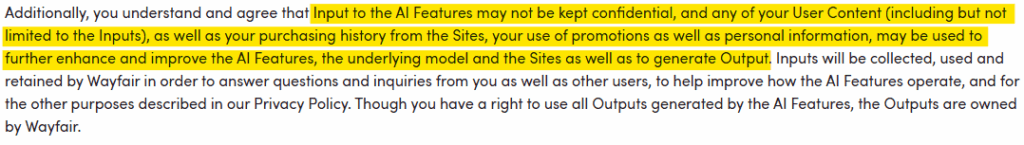 Wayfair information on its AI chatbots