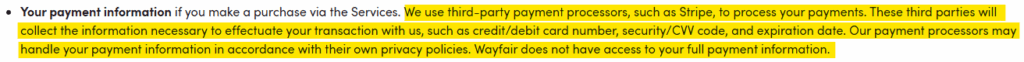 Wayfair uses third-party payment processors to process your payment information